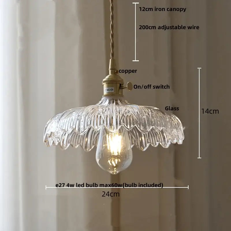 Clear scalloped glass pendant lamp with brass copper fixture and adjustable suspension for decorbites amber glass walnut decor