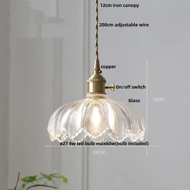 Clear flower-shaped glass pendant lamp with brass copper fixture and amber glass walnut decorbites amber glass