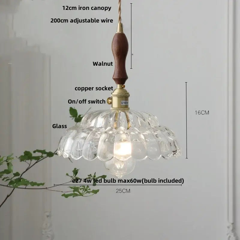 Clear scalloped glass pendant lamp with amber glass walnut handle and brass hardware for kitchen decorbites lighting