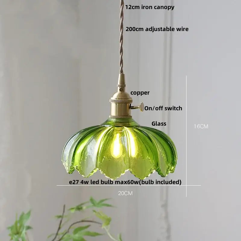 Green glass pendant lamp with copper switch and iron canopy for decorbites amber glass walnut kitchen decor
