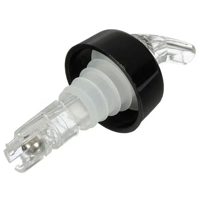 Black and clear plastic decorbites liquor pourer bottle dispenser with transparent spout and ridged grip for kitchen barware