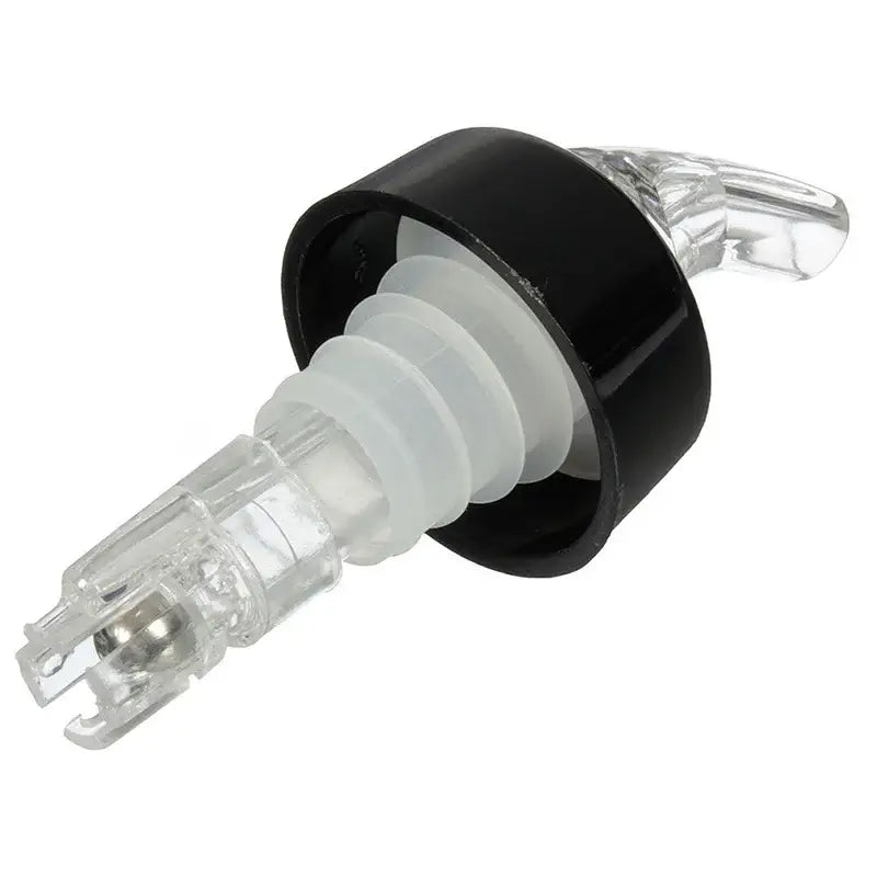 Black and clear plastic decorbites liquor pourer bottle dispenser with transparent spout and ridged grip for kitchen barware