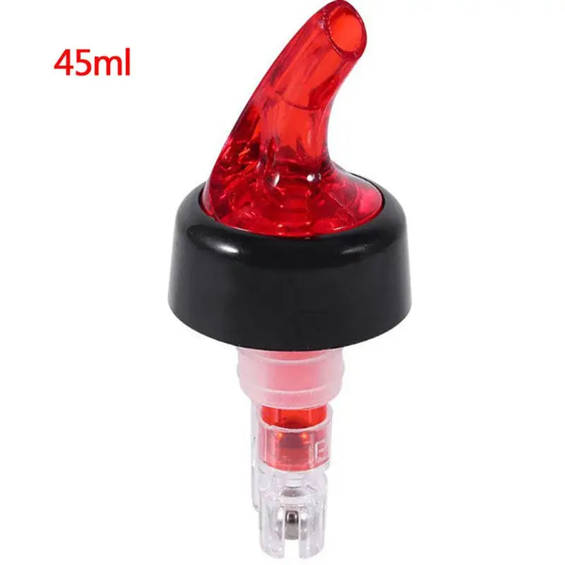 Red translucent plastic cocktail liquor pourer bottle dispenser with black base and clear stem for kitchen barware decorbites