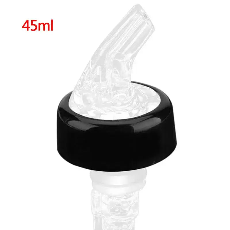 Clear plastic liquor pourer bottle dispenser with black base and angled spout for kitchen barware by decorbites