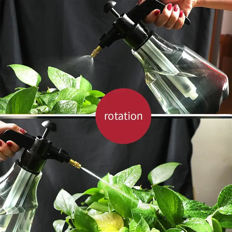 Clear glass watering sprayer with black plastic hand trigger and brass nozzle for precise hand trigger flower care