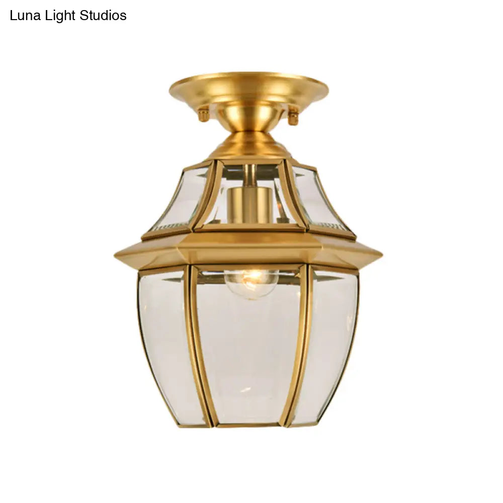 ديكوربايتس™ فانوس زجاجي شفاف مشطوف لغرفة النوم - مصباح سقف نحاسي كولونيالي بمصباح واحد