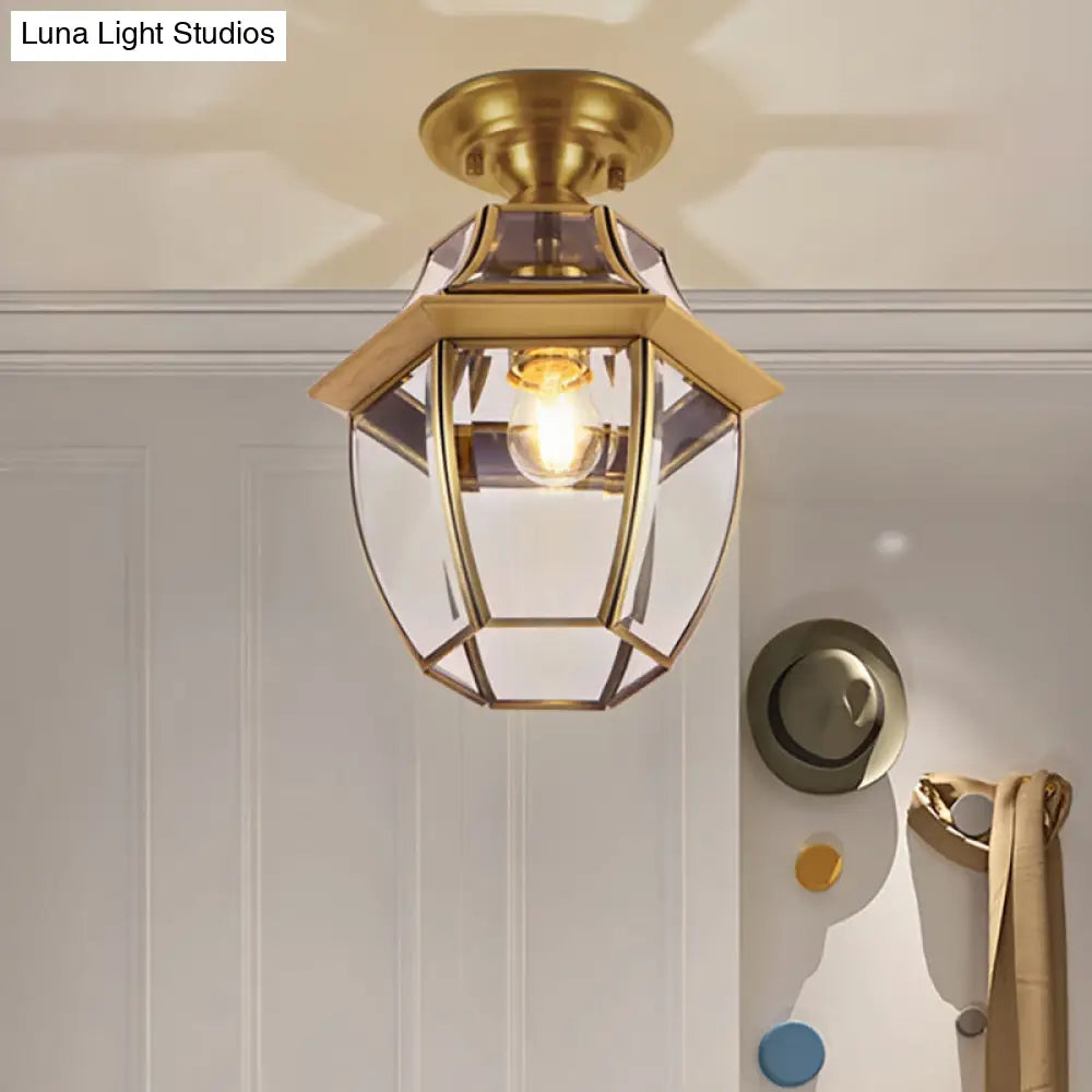 ديكوربايتس™ فانوس زجاجي شفاف مشطوف لغرفة النوم - مصباح سقف نحاسي كولونيالي بمصباح واحد