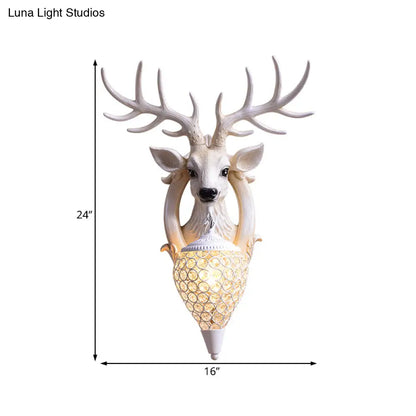 Clear Beveled Crystal Sconce with Rural White/Brown/Black Finish and Faux Elk Backplate - Bedroom Wall Lighting, Waterdrop Design - 16"/24" Width Available