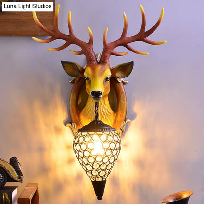 Clear Beveled Crystal Sconce with Rural White/Brown/Black Finish and Faux Elk Backplate - Bedroom Wall Lighting, Waterdrop Design - 16"/24" Width Available