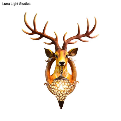 Clear Beveled Crystal Sconce with Rural White/Brown/Black Finish and Faux Elk Backplate - Bedroom Wall Lighting, Waterdrop Design - 16"/24" Width Available