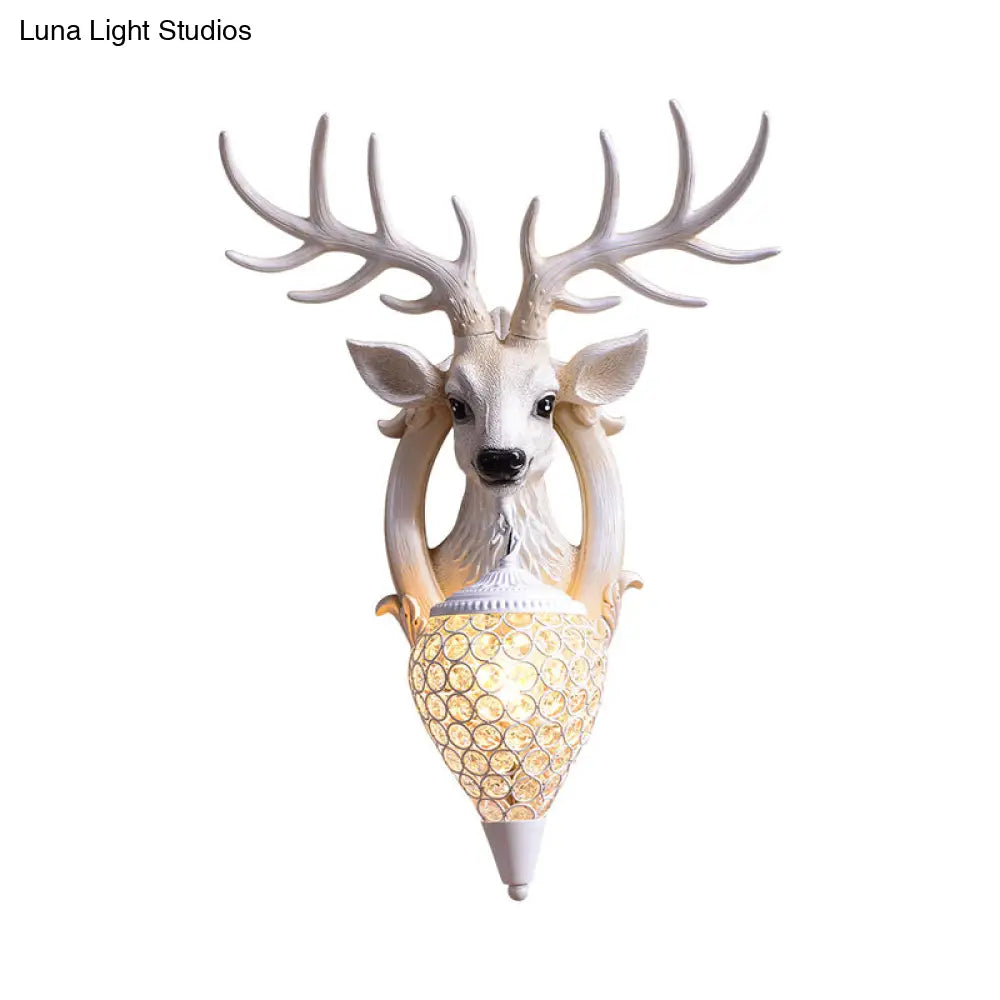 Clear Beveled Crystal Sconce with Rural White/Brown/Black Finish and Faux Elk Backplate - Bedroom Wall Lighting, Waterdrop Design - 16"/24" Width Available