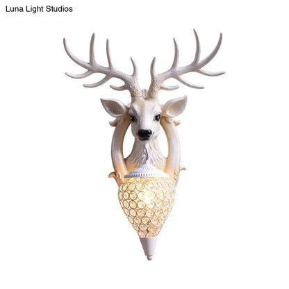 Clear Beveled Crystal Sconce with Rural White/Brown/Black Finish and Faux Elk Backplate - Bedroom Wall Lighting, Waterdrop Design - 16"/24" Width Available