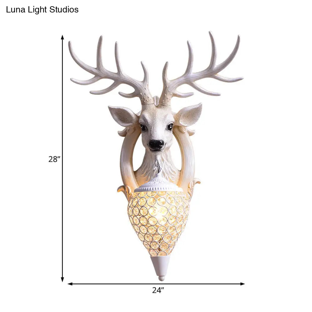 Clear Beveled Crystal Sconce with Rural White/Brown/Black Finish and Faux Elk Backplate - Bedroom Wall Lighting, Waterdrop Design - 16"/24" Width Available