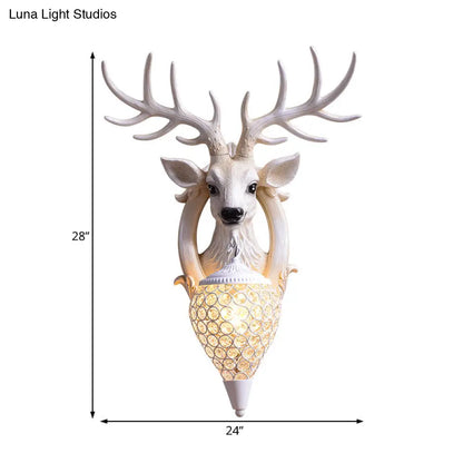 Clear Beveled Crystal Sconce with Rural White/Brown/Black Finish and Faux Elk Backplate - Bedroom Wall Lighting, Waterdrop Design - 16"/24" Width Available