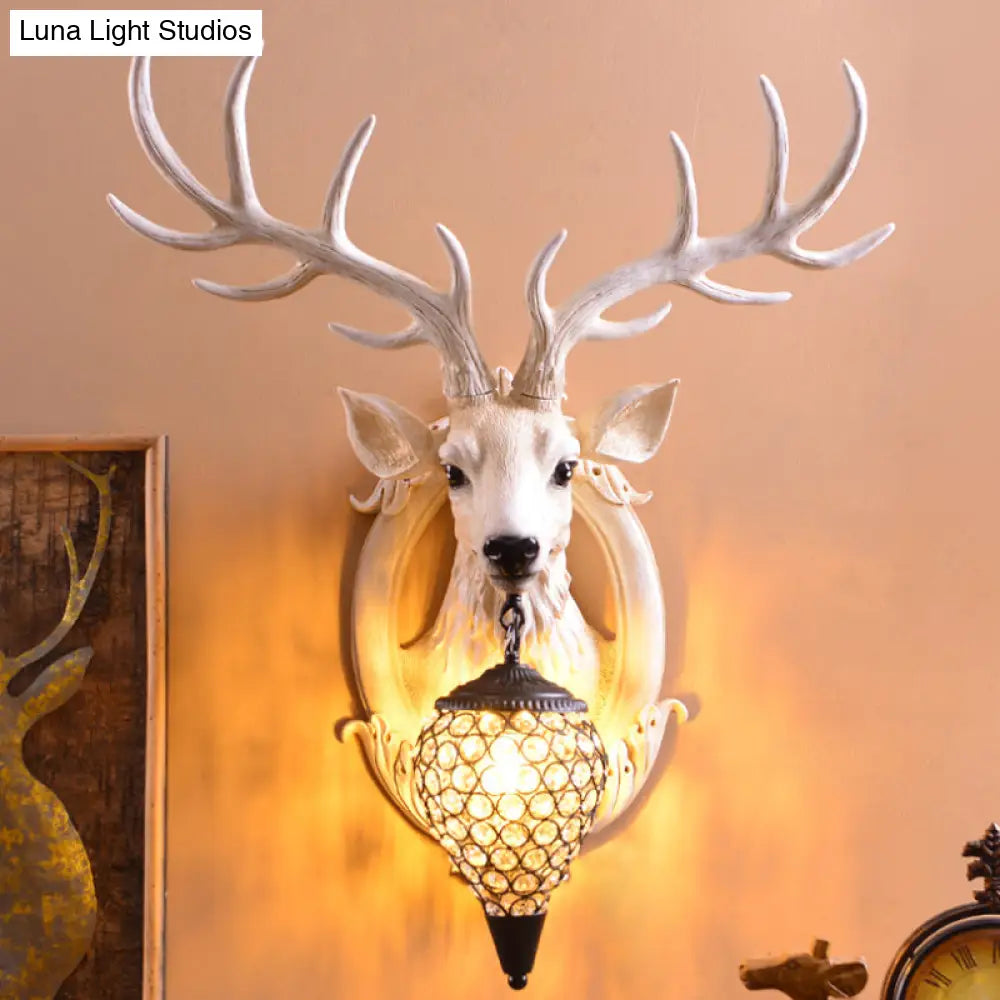 Clear Beveled Crystal Sconce with Rural White/Brown/Black Finish and Faux Elk Backplate - Bedroom Wall Lighting, Waterdrop Design - 16"/24" Width Available