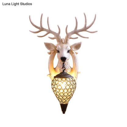 Clear Beveled Crystal Sconce with Rural White/Brown/Black Finish and Faux Elk Backplate - Bedroom Wall Lighting, Waterdrop Design - 16"/24" Width Available