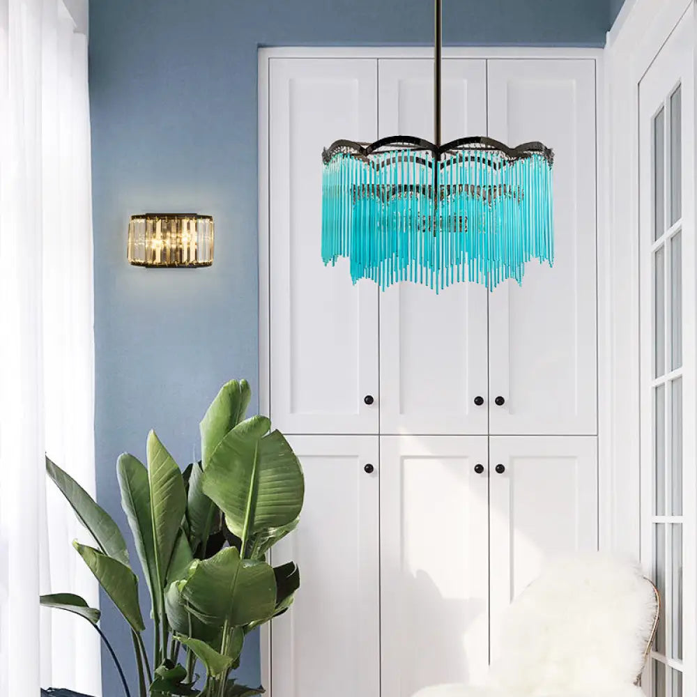 Lámpara de araña de cristal transparente/azul - Diseño redondo elegante, 3 luces - Perfecta para el comedor