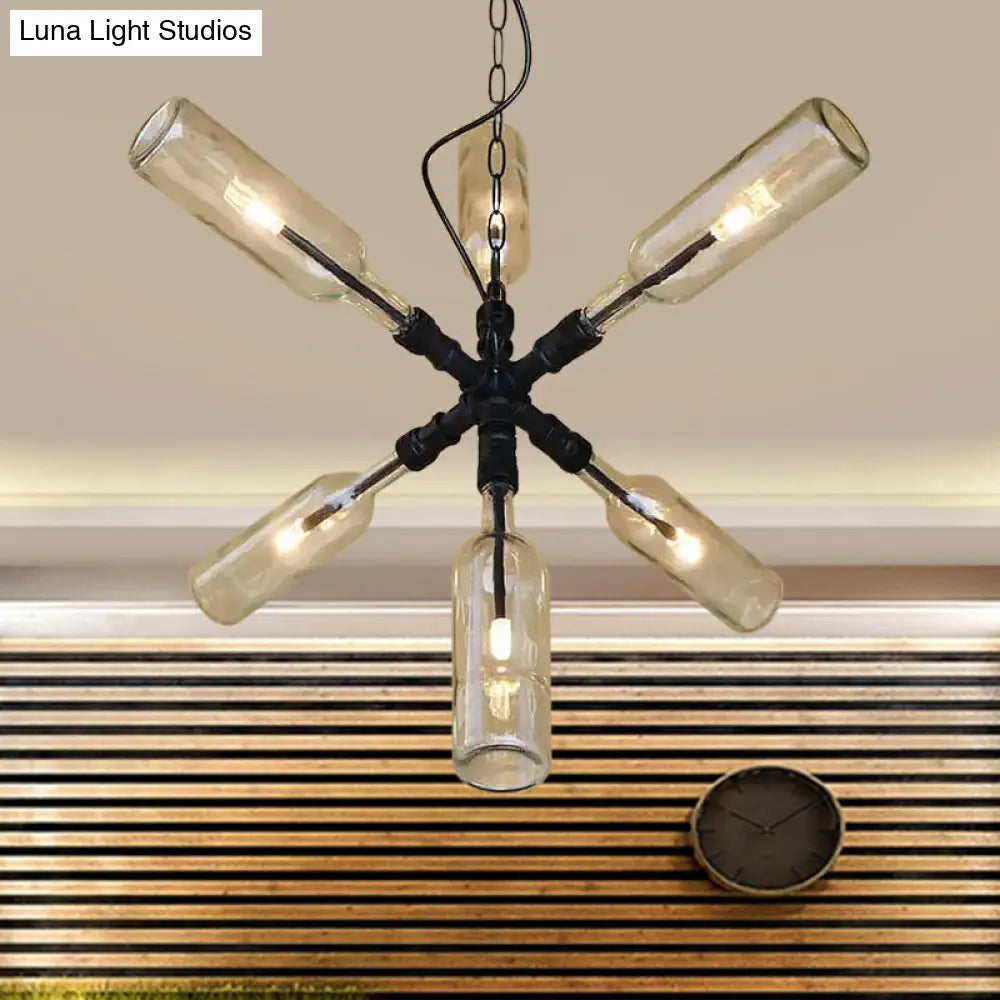 Lámpara colgante con pantalla de botella de cristal transparente/azul - Aplique de techo de estilo industrial (2/4/6 luces) con diseño de tubería en latón negro/envejecido