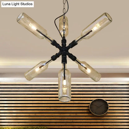 Lámpara colgante con pantalla de botella de cristal transparente/azul - Aplique de techo de estilo industrial (2/4/6 luces) con diseño de tubería en latón negro/envejecido