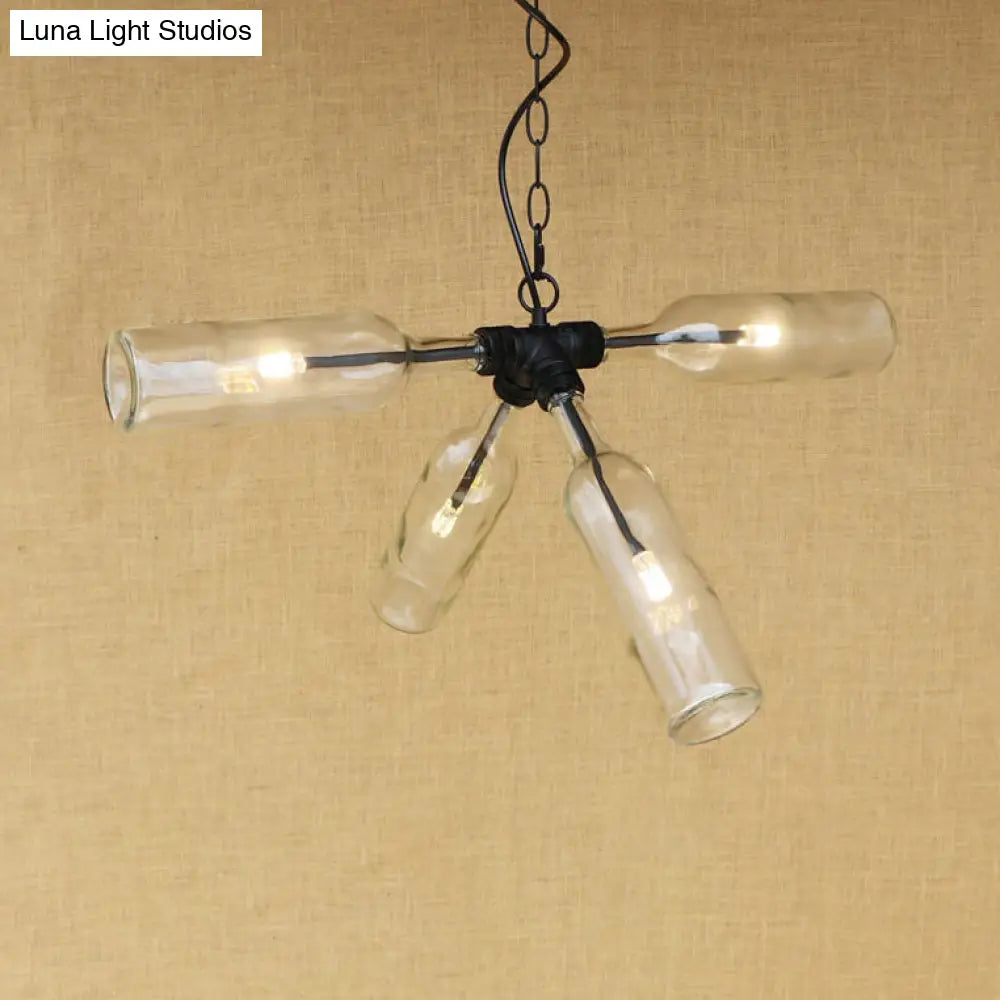 Lámpara colgante con pantalla de botella de cristal transparente/azul - Aplique de techo de estilo industrial (2/4/6 luces) con diseño de tubería en latón negro/envejecido