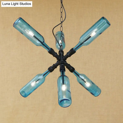 Lámpara colgante con pantalla de botella de cristal transparente/azul - Aplique de techo de estilo industrial (2/4/6 luces) con diseño de tubería en latón negro/envejecido