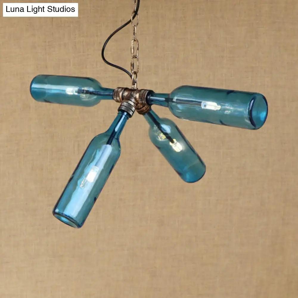 Lámpara colgante con pantalla de botella de cristal transparente/azul - Aplique de techo de estilo industrial (2/4/6 luces) con diseño de tubería en latón negro/envejecido