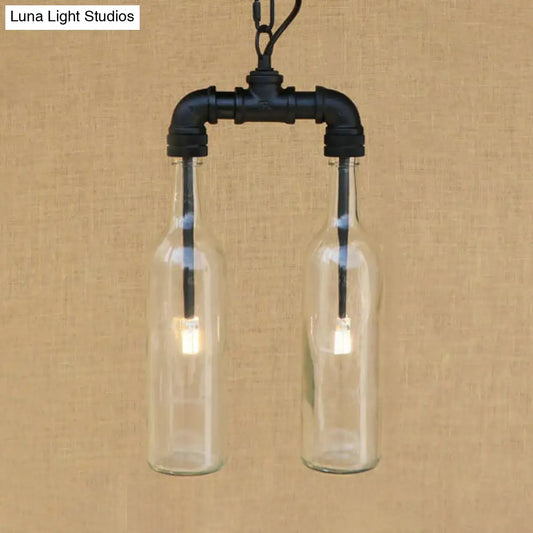 Clear/Blue Glass Pendant Light Bottle Shade - Industrial Style Ceiling Fixture (2/4/6 Lights) with Pipe Design in Black/Aged Brass