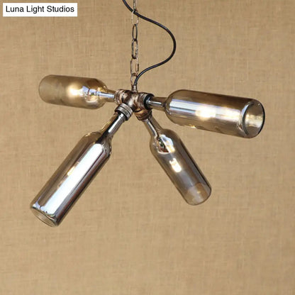 Lámpara colgante con pantalla de botella de cristal transparente/azul - Aplique de techo de estilo industrial (2/4/6 luces) con diseño de tubería en latón negro/envejecido