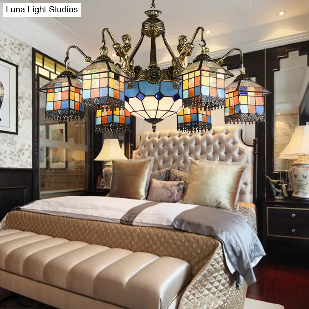 Clear/Blue Stained Glass Chandelier with 9 Tiffany Pendant Lights for Dining Room