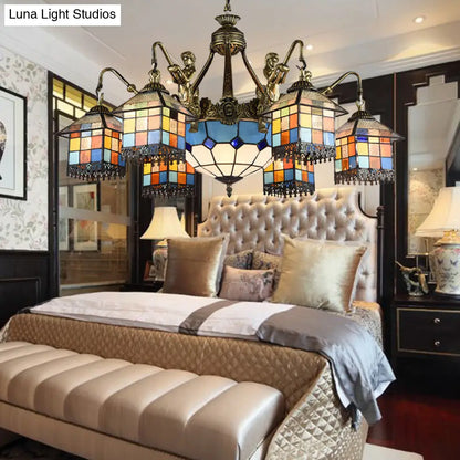 Clear/Blue Stained Glass Chandelier with 9 Tiffany Pendant Lights for Dining Room