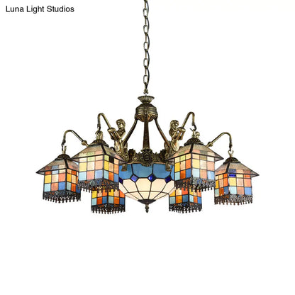 Clear/Blue Stained Glass Chandelier with 9 Tiffany Pendant Lights for Dining Room