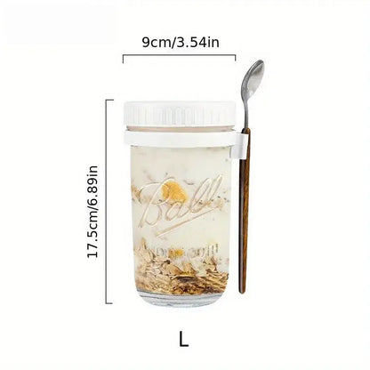 Clear borosilicate drinking glass jar with white lid and wooden spoon clip filled with oatmeal from drinking glasses set