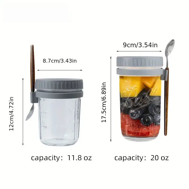 Clear borosilicate drinking glass mason jar with gray lid, wooden spoon, and measurement markings in drinking glasses set