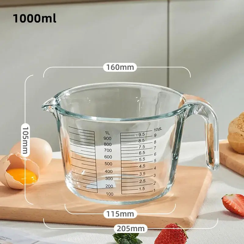 Clear borosilicate glass measuring cup with handle and spout marked up to 1000ml by decorbites borosilicate glass