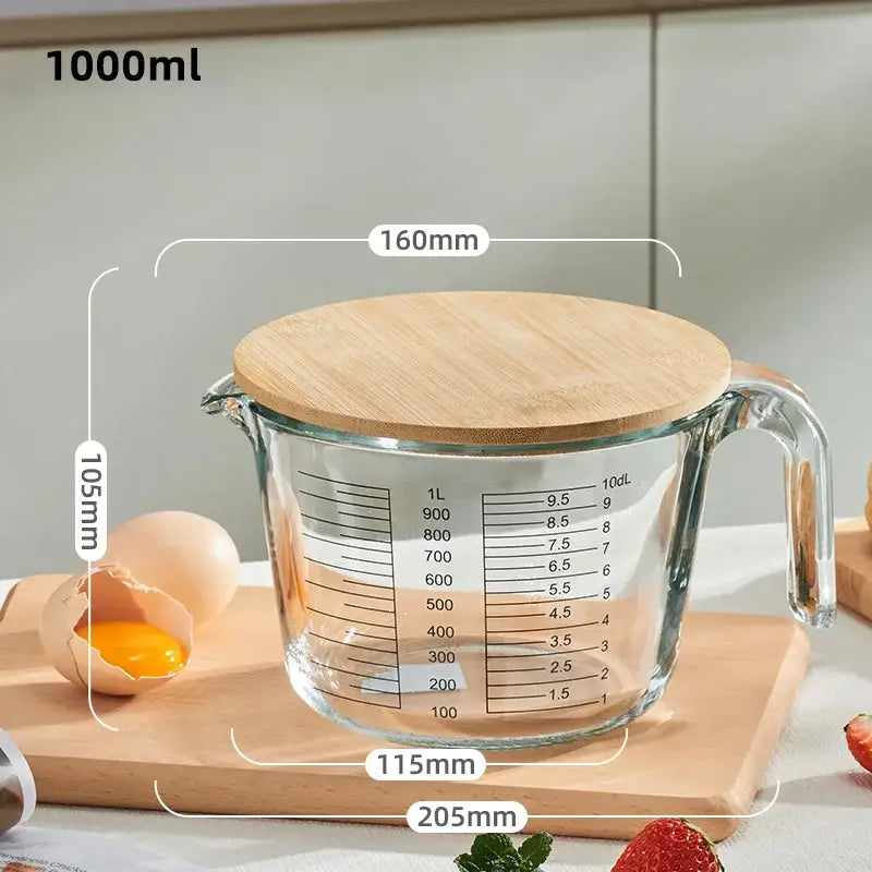 Clear borosilicate glass measuring cup with natural wood lid and handle marked for 1000ml by decorbites borosilicate glass