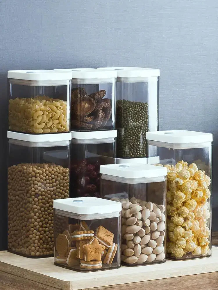 Clear bulk hermetic food storage containers with white airtight lids holding pasta beans and snacks for kitchen decorbites bulk hermetic