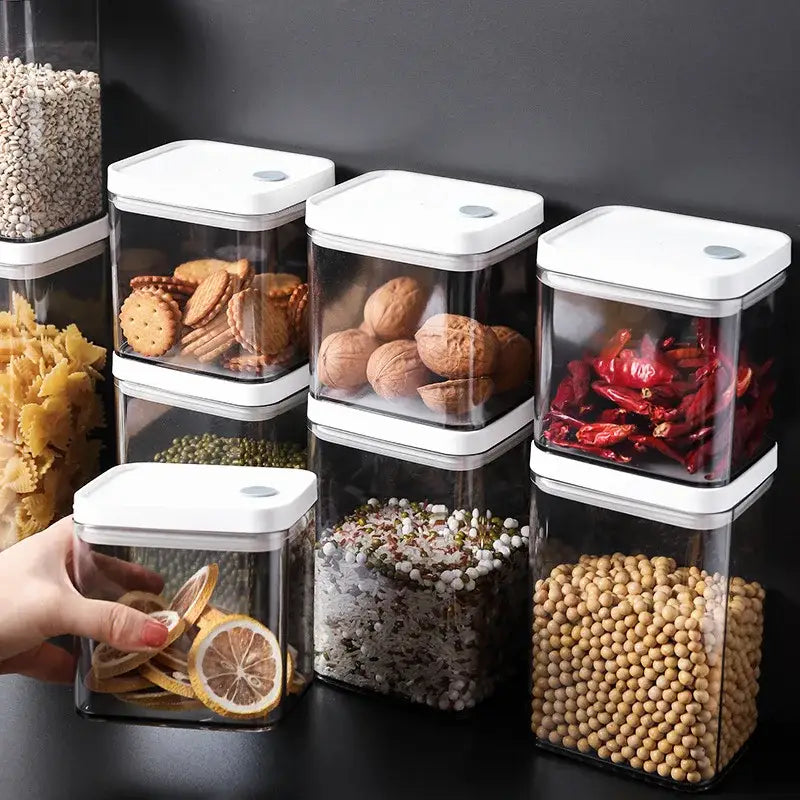 Clear bulk hermetic food storage containers with white lids holding nuts dried fruit and grains for decorbites bulk hermetic use