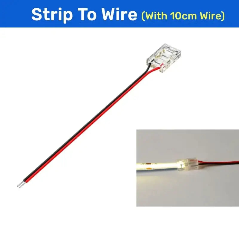 Clear cob led strip connectors 2-pin l-shape clear plastic with red and black wires for cob led strip lighting