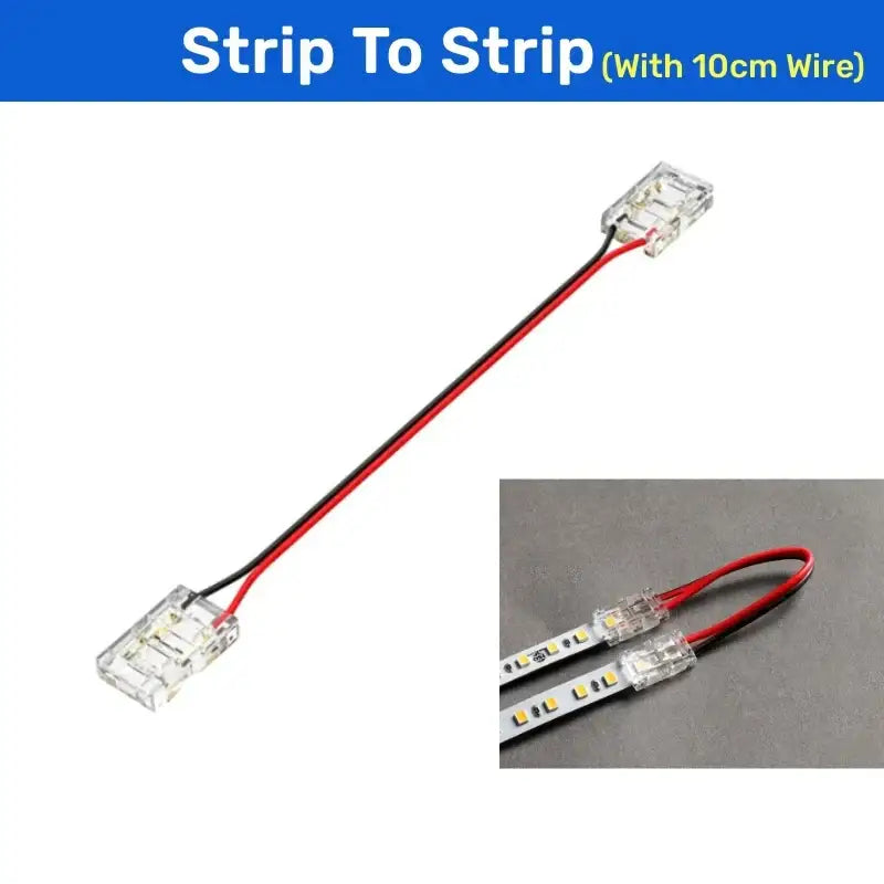 Clear plastic 2-pin l-shape cob led strip connector with red and black wires for joining led strip lights