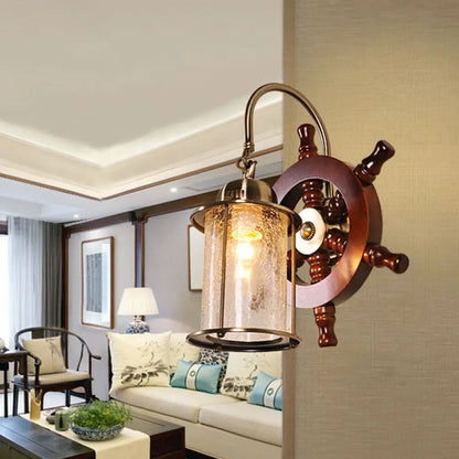 Clear Crackle Glass Wall Sconce - Farm Style 1 Light Gold Wall Lamp for Living Room