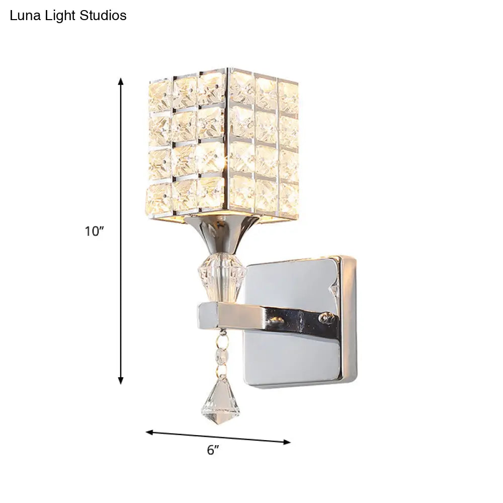 DecorBites™ Clear Crystal and Metal Cubic Shade Wall Sconce: Modern, Stylish 1 Light Fixture (Silver/Gold) for Bedroom