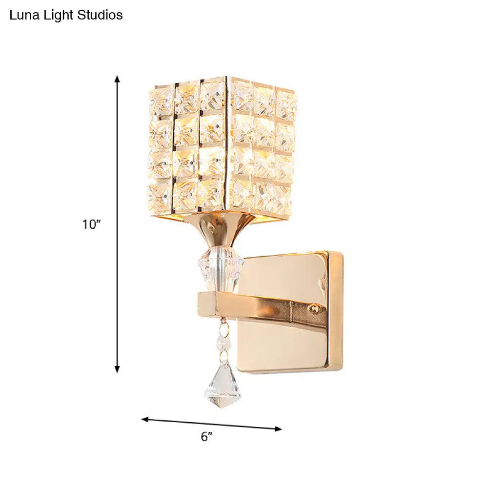 DecorBites™ Clear Crystal and Metal Cubic Shade Wall Sconce: Modern, Stylish 1 Light Fixture (Silver/Gold) for Bedroom