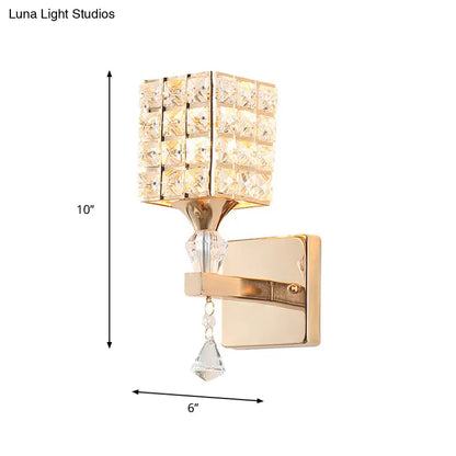 DecorBites™ Clear Crystal and Metal Cubic Shade Wall Sconce: Modern, Stylish 1 Light Fixture (Silver/Gold) for Bedroom