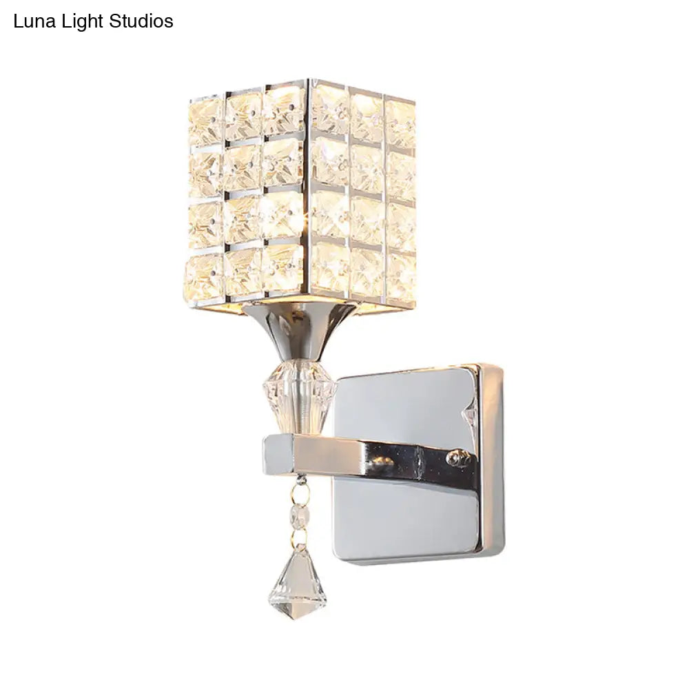 DecorBites™ Clear Crystal and Metal Cubic Shade Wall Sconce: Modern, Stylish 1 Light Fixture (Silver/Gold) for Bedroom