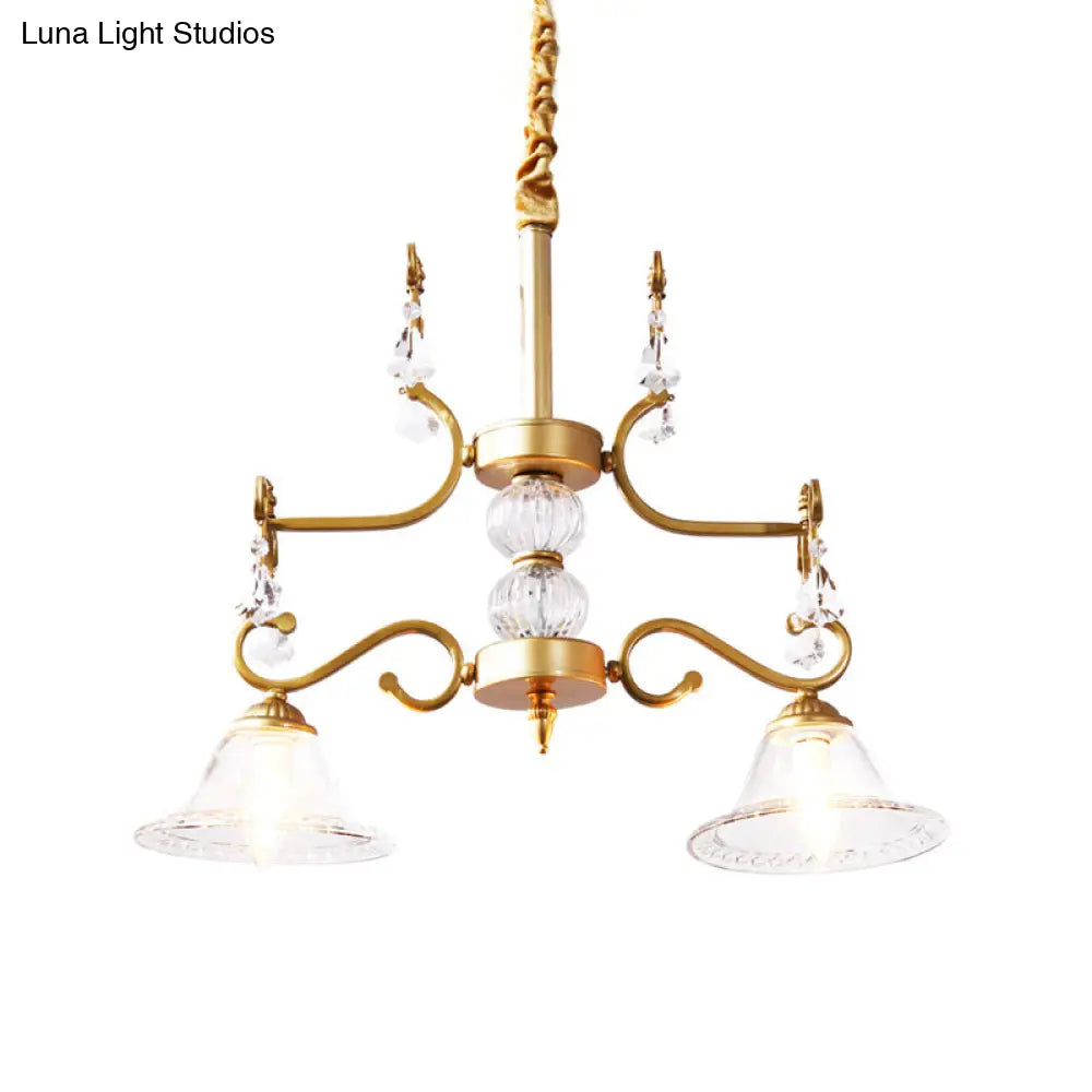 Lámpara de araña de cristal transparente - Lámpara colgante moderna con pantalla en forma de campana en color dorado, 2 bombillas - para comedor