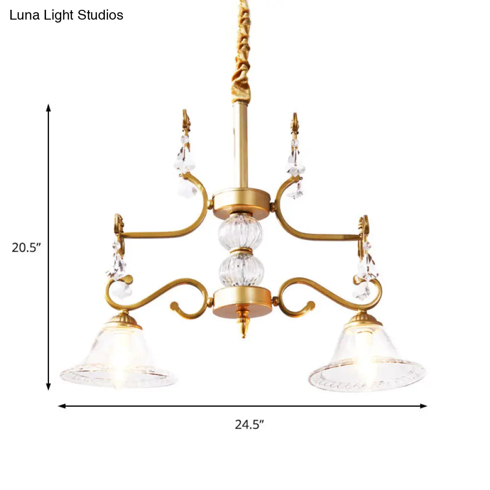 Lámpara de araña de cristal transparente - Lámpara colgante moderna con pantalla en forma de campana en color dorado, 2 bombillas - para comedor