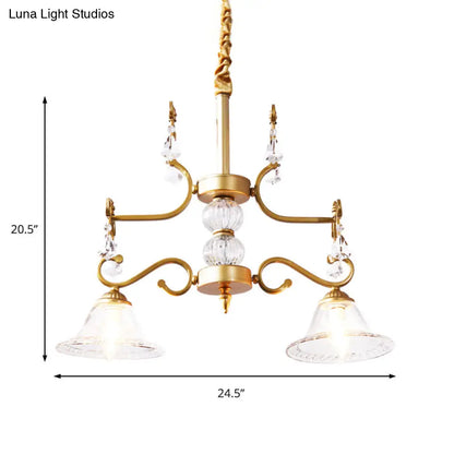 Lámpara de araña de cristal transparente - Lámpara colgante moderna con pantalla en forma de campana en color dorado, 2 bombillas - para comedor