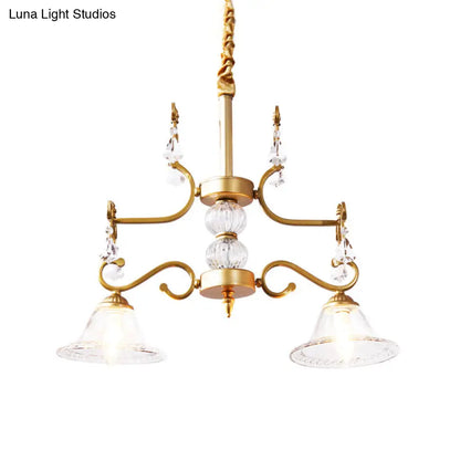Lámpara de araña de cristal transparente - Lámpara colgante moderna con pantalla en forma de campana en color dorado, 2 bombillas - para comedor