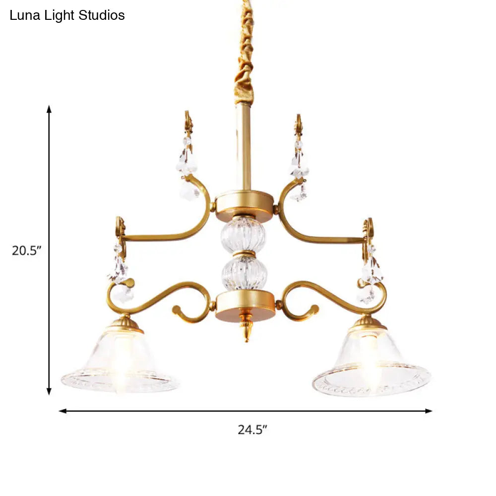 Lámpara de araña de cristal transparente - Lámpara colgante moderna con pantalla en forma de campana en color dorado, 2 bombillas - para comedor