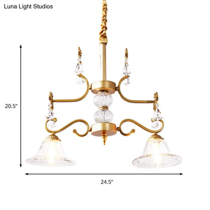 Lámpara de araña de cristal transparente - Lámpara colgante moderna con pantalla en forma de campana en color dorado, 2 bombillas - para comedor